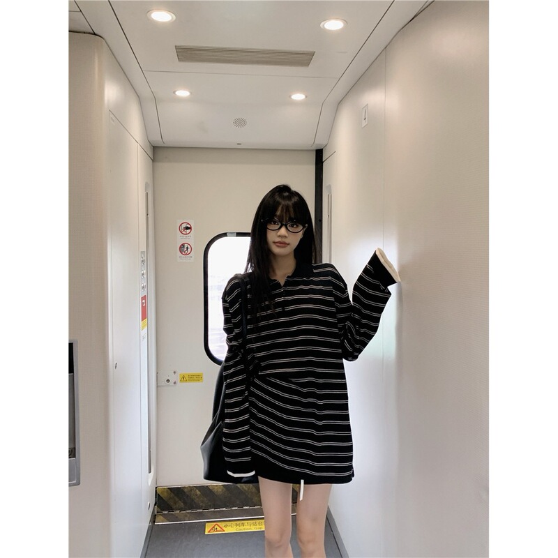 实拍 韩版休闲宽松中长款条纹T恤POLO领冰丝防晒针织衫女装87715|undefined