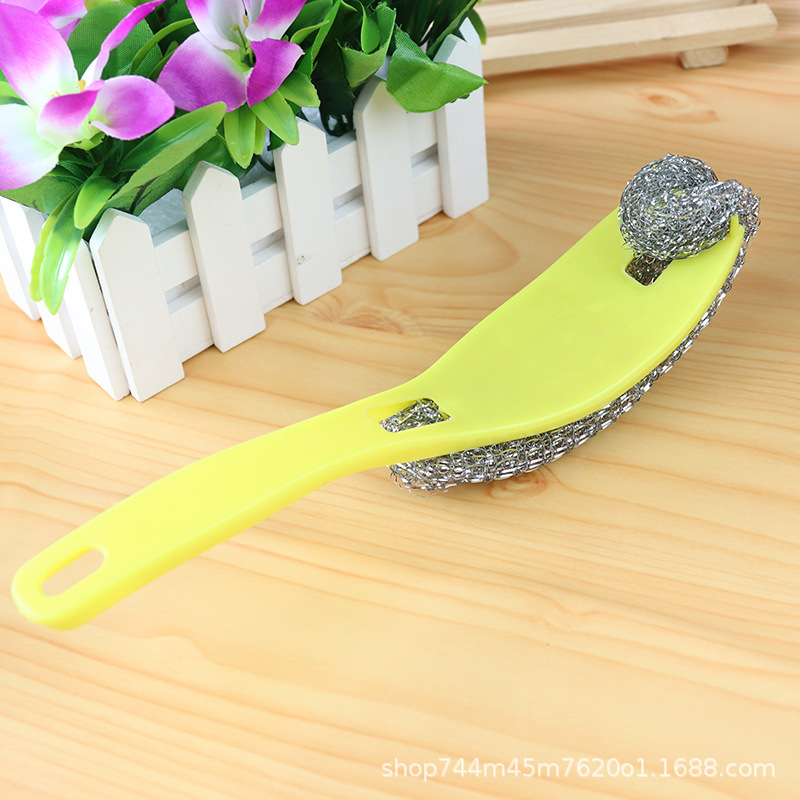 Cepillo para Ollas de Plástico, Cepillo de Limpieza de Alambre de Acero, Utensilios de Cocina, Cepillo para Ollas con Mango Curvo, Venta al por Mayor de Tiendas de Artículos a un Dólar