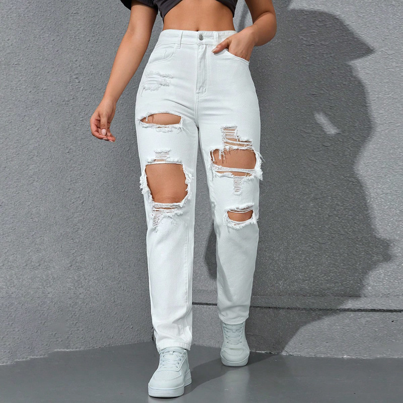 Cross-Border Popular High-Waisted Loose Ripped Jeans for Women, European and American Street Style, Trendy Brand Wide-Leg Straight-Cut Distressed Pants Cross-Border Popular High-Waisted Loose Ripped Jeans for Women, European and American Street Style, Trendy Brand Wide-Leg Straight-Cut Distressed Pants