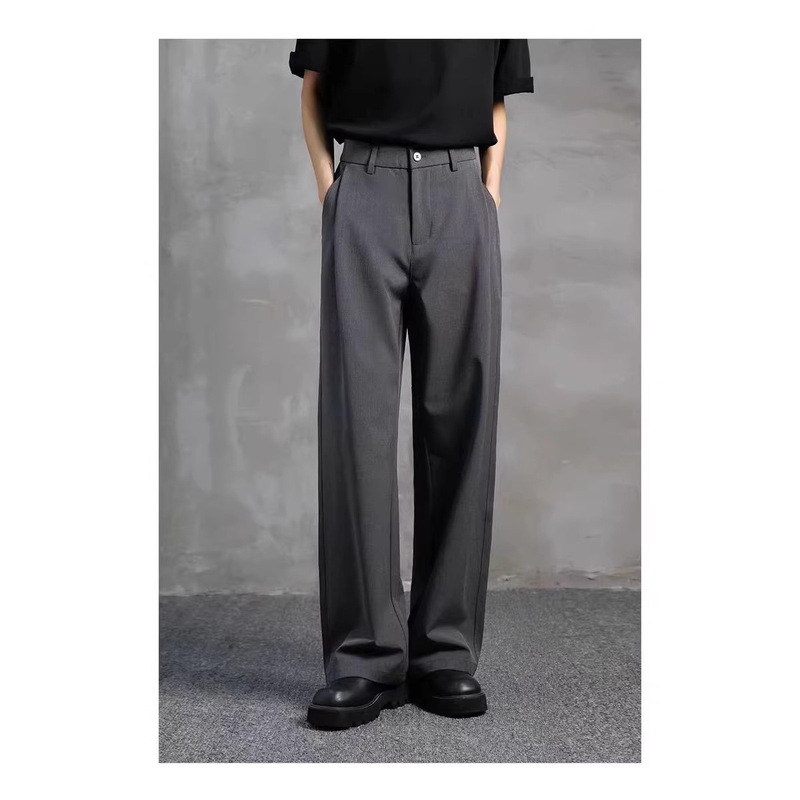Palmcity Trendy Casual Men's Trousers, Wrinkle-Resistant, Non-Iron, Three-Stripe Black Straight-Leg Wide-Leg Suit Pants