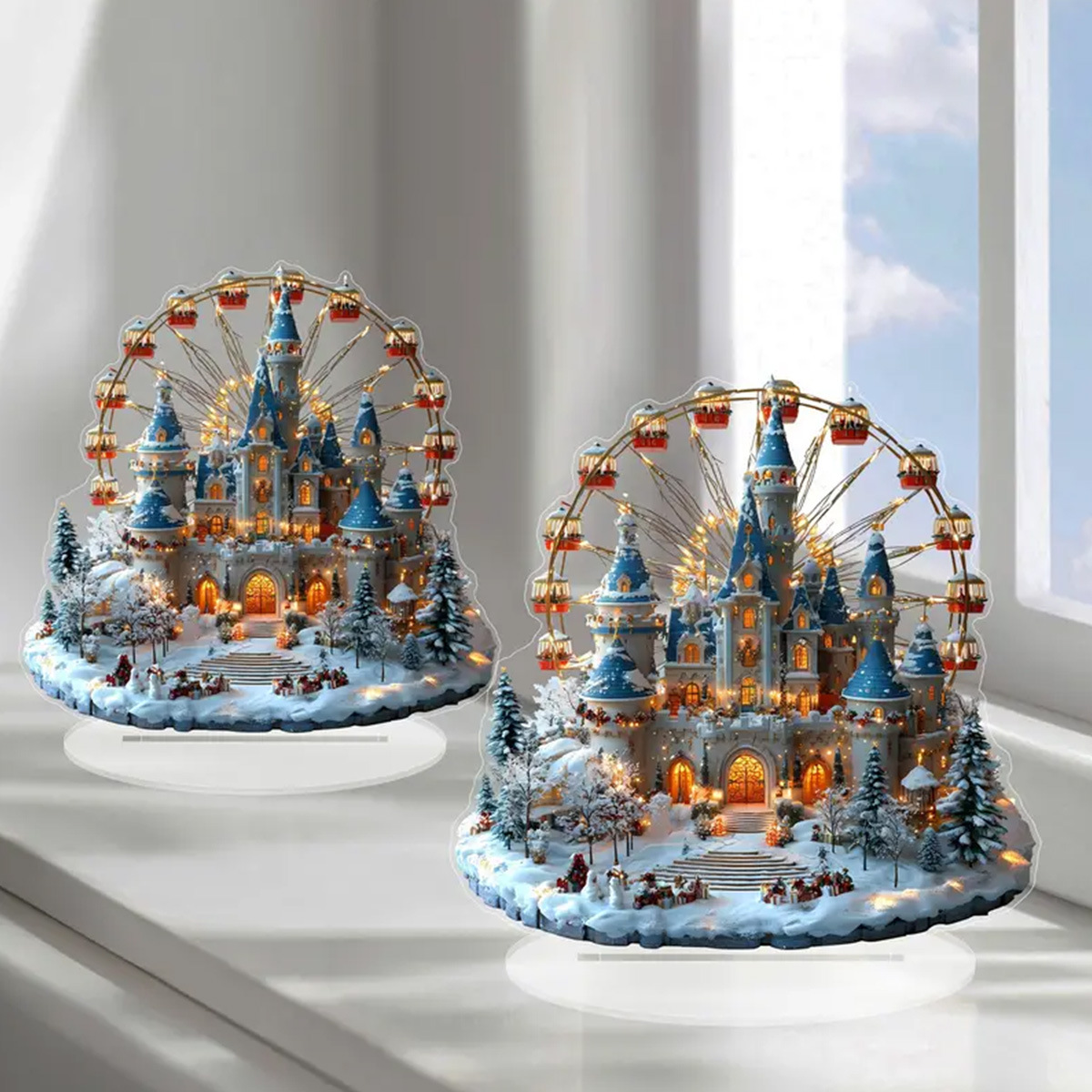 Castillo de invierno rueda acrílica mesa festiva decoración feliz para el hogar decoración navideña perfecta