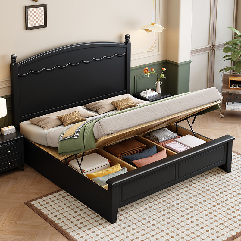 American Solid Wood Bed, Retro French Bed, Double Bed, Simple American Style Bed, Black Solid Wood Bed, Master Bedroom, Light Luxury