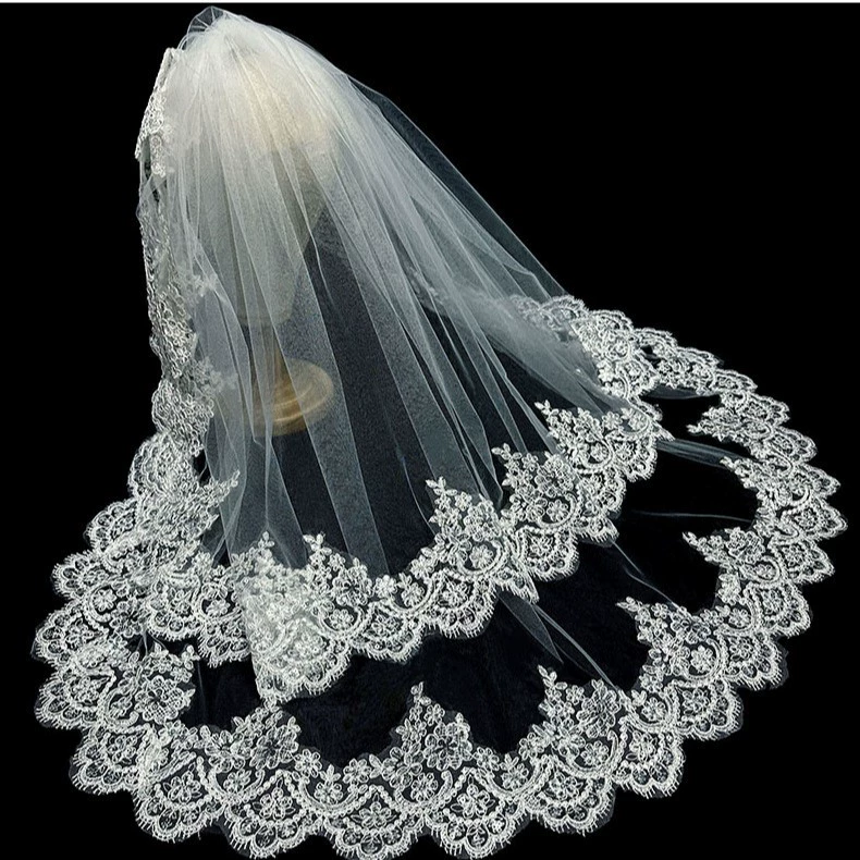 Оптовая свадебная фата, двойной слой, короткая, кружевная, с пайетками, свадебный реквизит для фотосессии, фата для свидетельства о бракосочетании