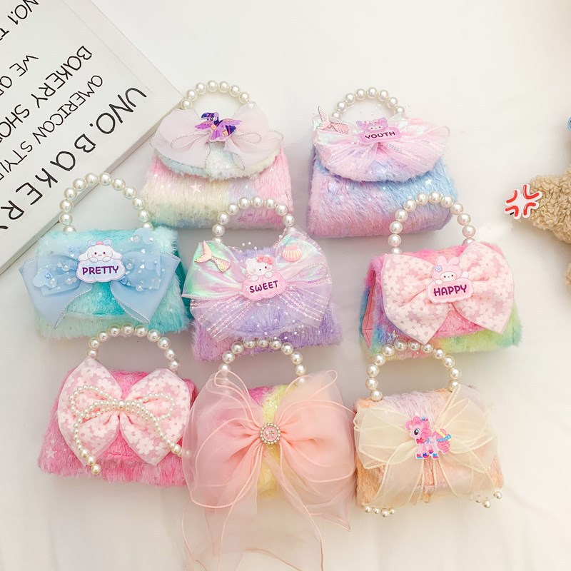 Niñas lindas bolsas de peluche arco iris 2025 exportaciones de comercio exterior de aire extranjero bolsa de tramo inclinada bolsa de princesa de perlas