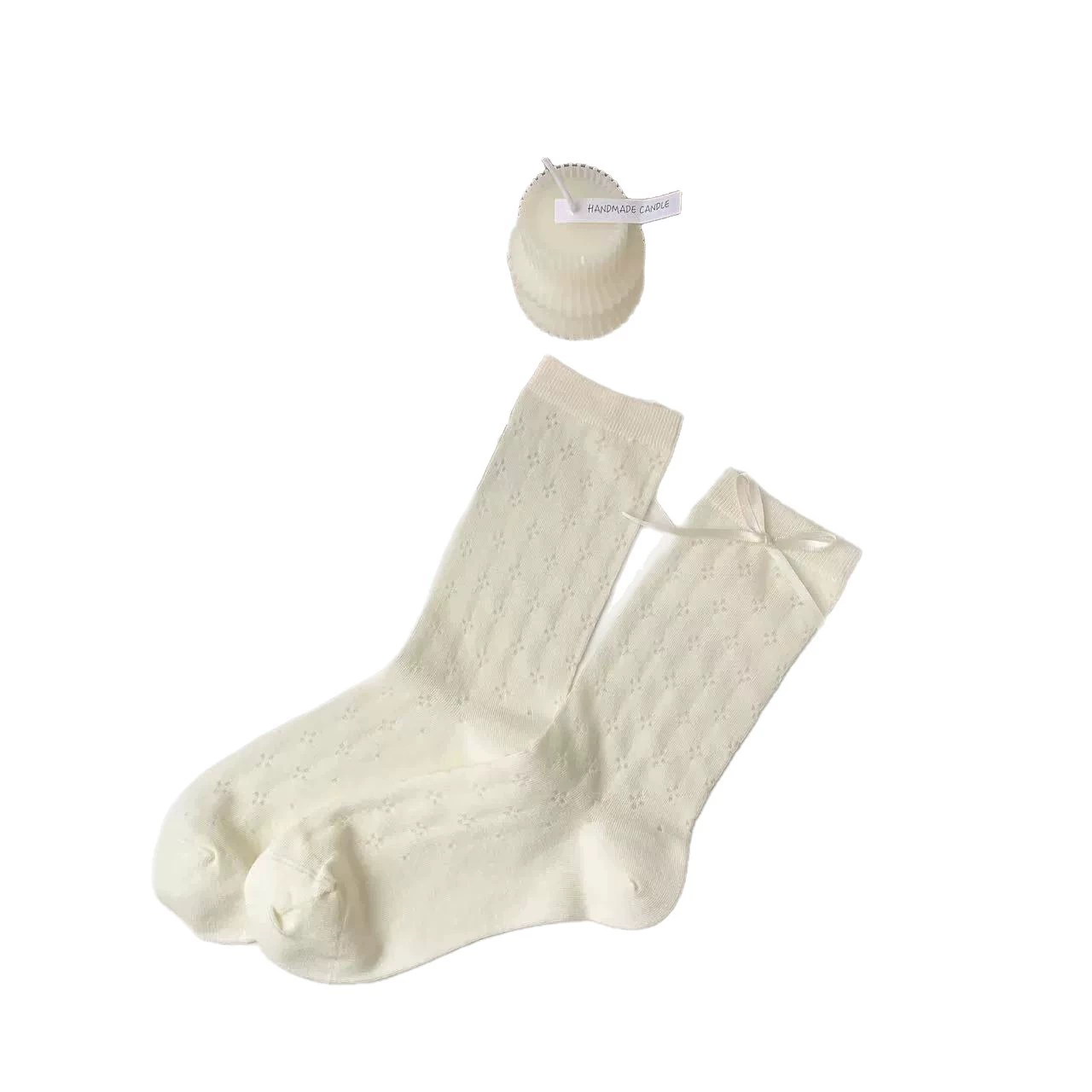 Tide, white spring summer cute knee socks with bow, mid-length