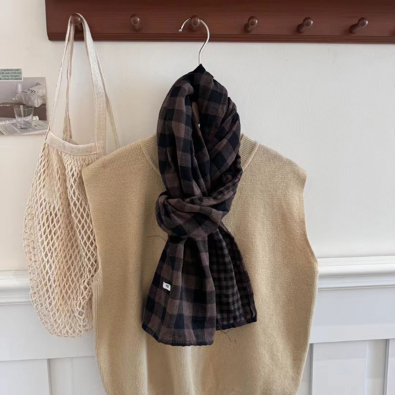 Early Autumn Cotton and Linen Double-sided Plaid Korean Style All-match Decorative Scarf Artistic Retro Long Scarf Student's Outer Shawl Scarf