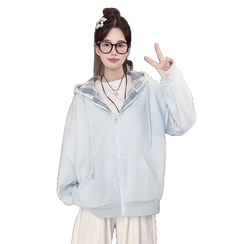 开衫连帽卫衣外套女秋冬2025新款大码女装拼接格子设计感宽松上衣|undefined