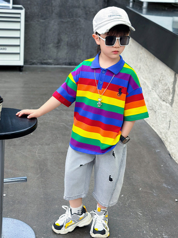 Conjunto de verano para niños 7376, estilo nuevo 2026, pantalones cortos de mezclilla para niños, conjunto de dos piezas de manga corta para bebé, a la moda