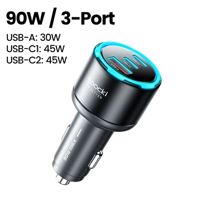 Toocki Cross-Border 90W Ambient Light Three-In-One Super Fast Charging Charger Car Cigarette Lighter Charging Head (Mobil şarj cihazları) - toocki-c49-series-2c1a-car-charger-90w-black-english-color-box
