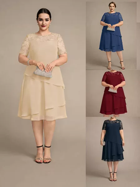 European and American Cross-Border 2026 New Plus-Size Women's Chiffon Short-Sleeve Hollow Lace Patchwork Slimming Versatile Commuter Dress