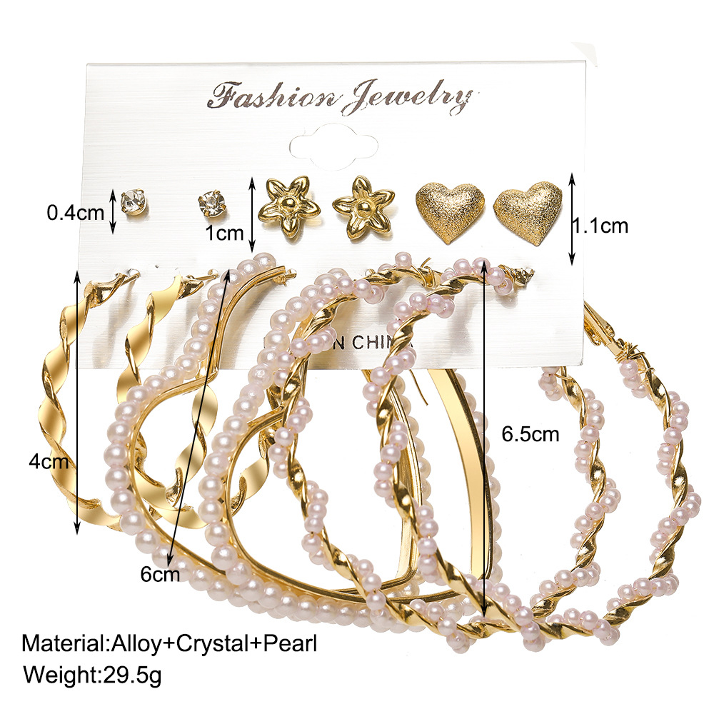 Europe And America Cross Border New Love Heart Earrings 6-piece Set Creative Pearl Diamond Gold Round Ring Earrings Set Earring display picture 1