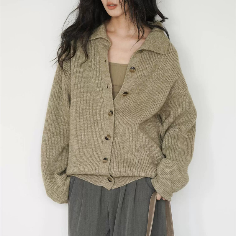 设计感高领立领针织开衫毛衣外套女秋冬季宽松慵懒风加厚翻领上衣|undefined