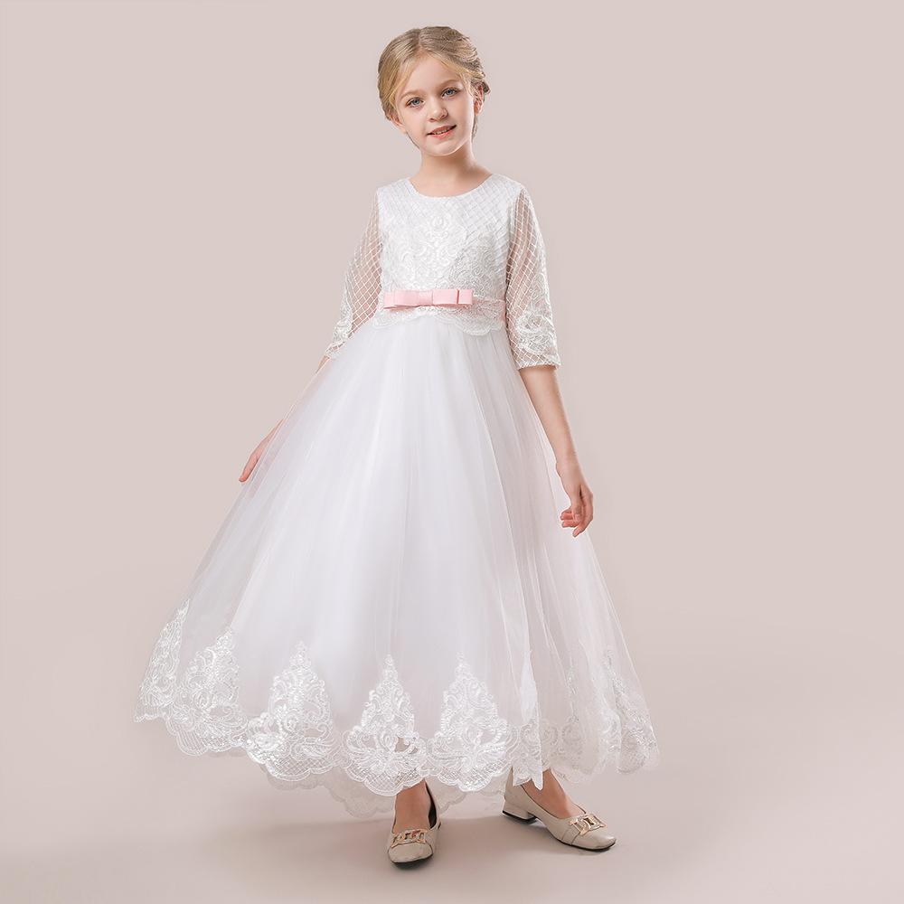Ropa infantil de nuevo estilo, vestido de tutú blanco elegante de manga media para niña, vestido de princesa dulce, vestido de fiesta para niña de las flores. image 3