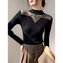 春秋装新款韩版圆领薄款修身镂空纱网打底衫长袖针织衫女套头上衣