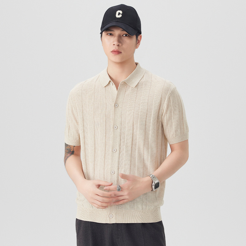 2026 New Style Cardigan Lapel Polo Shirt Men's Short-Sleeved Vertical Striped Old Money Style Knitted T-Shirt Top 2026 New Style Cardigan Lapel Polo Shirt Men's Short-Sleeved Vertical Striped Old Money Style Knitted T-Shirt Top