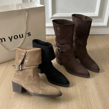堆堆靴女尖头高筒中筒骑士靴2025早秋冬季新款棕色西部牛仔长靴子
