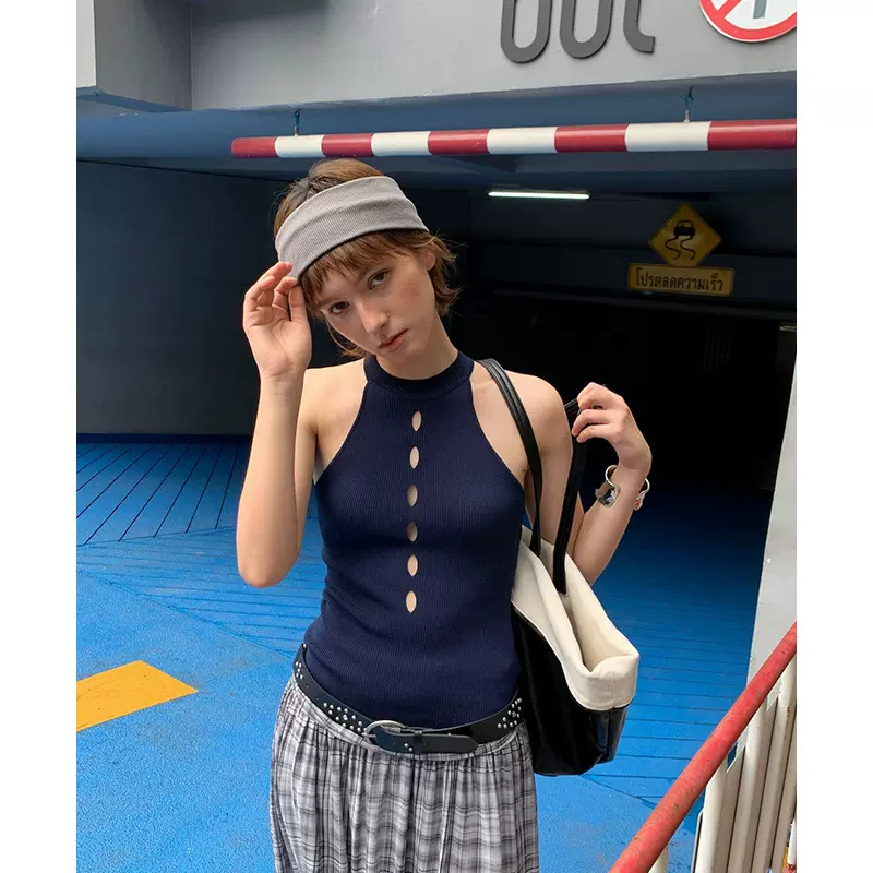 UNITY MODE 甜酷天丝镂空立领背心女夏季辣妹穿搭修身显瘦毛衣