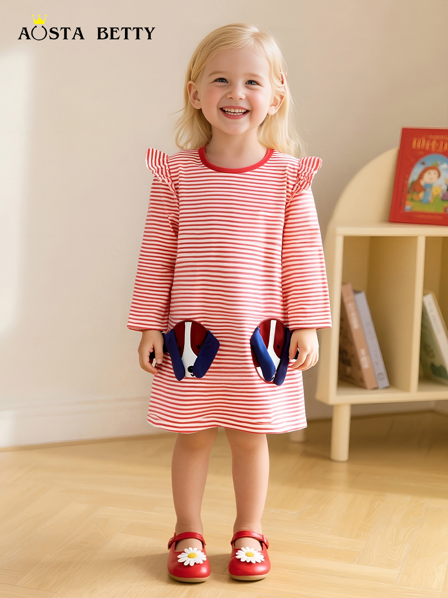 25 otoño nuevo vestido de niña vestido de princesa de moda de estilo europeo y americano parche de perro a rayas vestido de niño cabello de una pieza