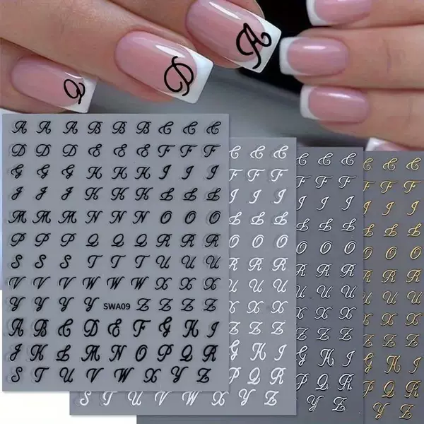 Trendy Cross-Border English Letter Nail Stickers, Black and White Gold Laser Foil Adhesive Nail Decals