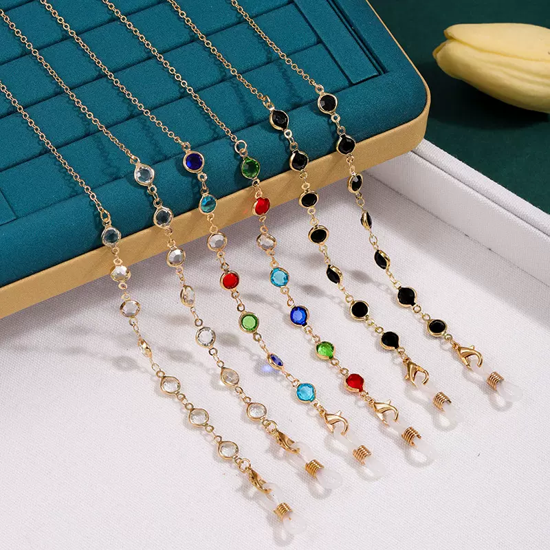 欧美跨境时尚眼镜链饰品水晶挂链七彩挂脖绳金属防滑链口罩链