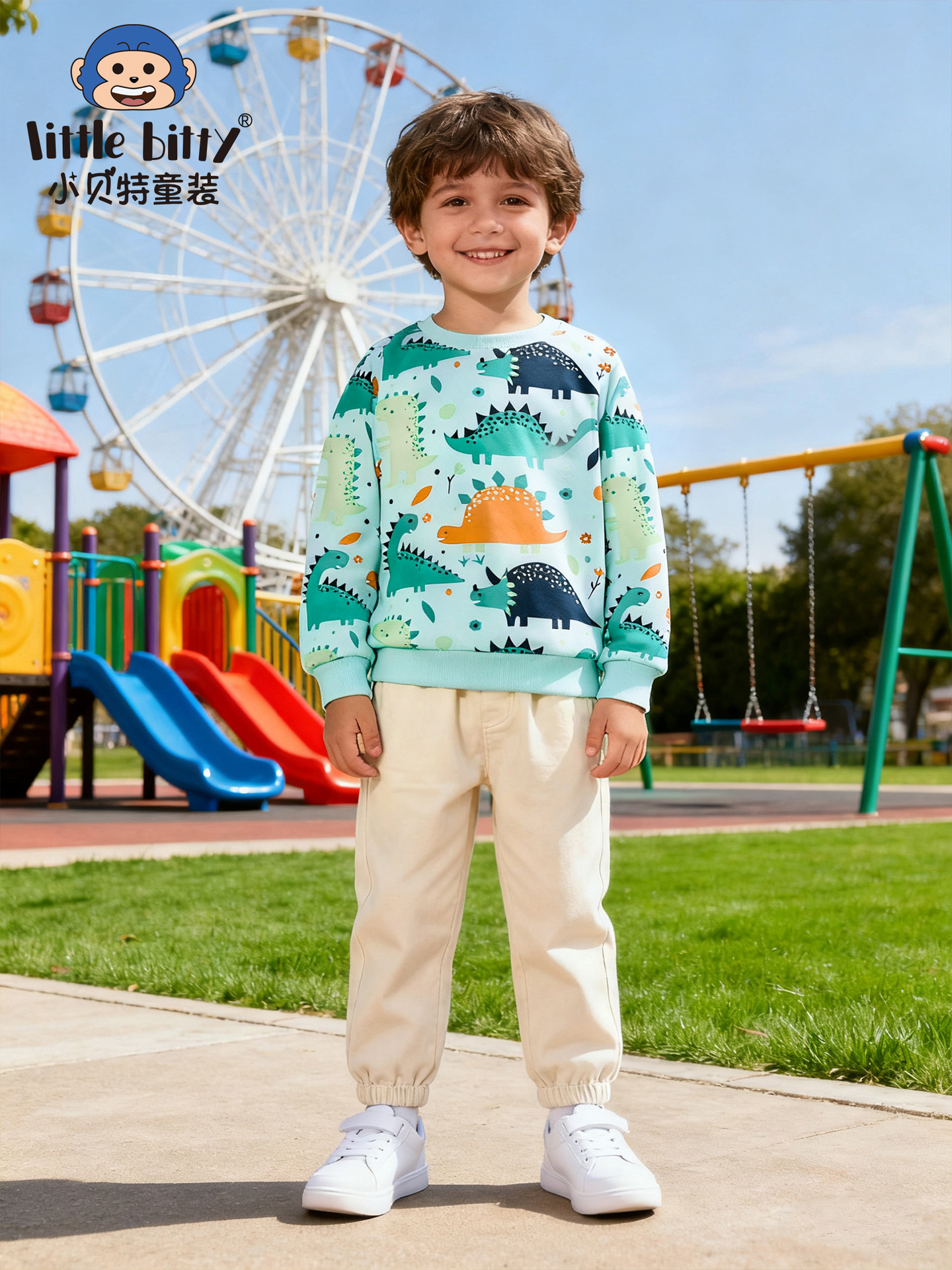 European and American Autumn and Winter 2025 New Children's Long-Sleeved Sweatshirt Cartoon Dinosaur Print Pattern Cross-Border Spot Wholesale