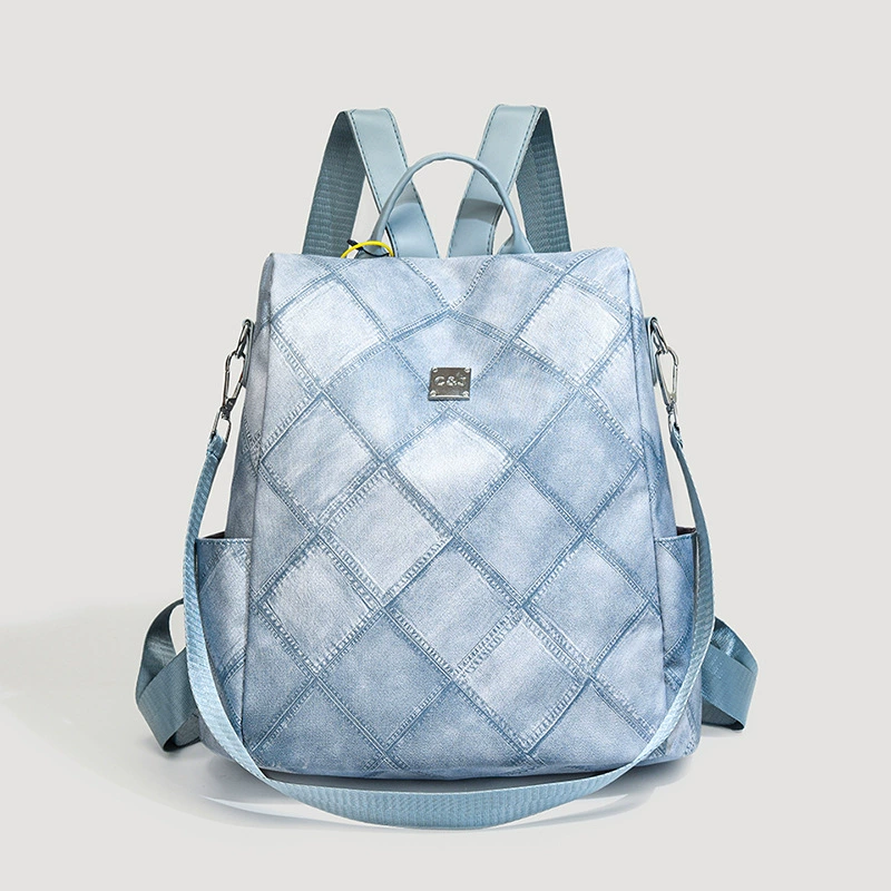 Backpack, denim trend bag with diamond pattern, anti-theft