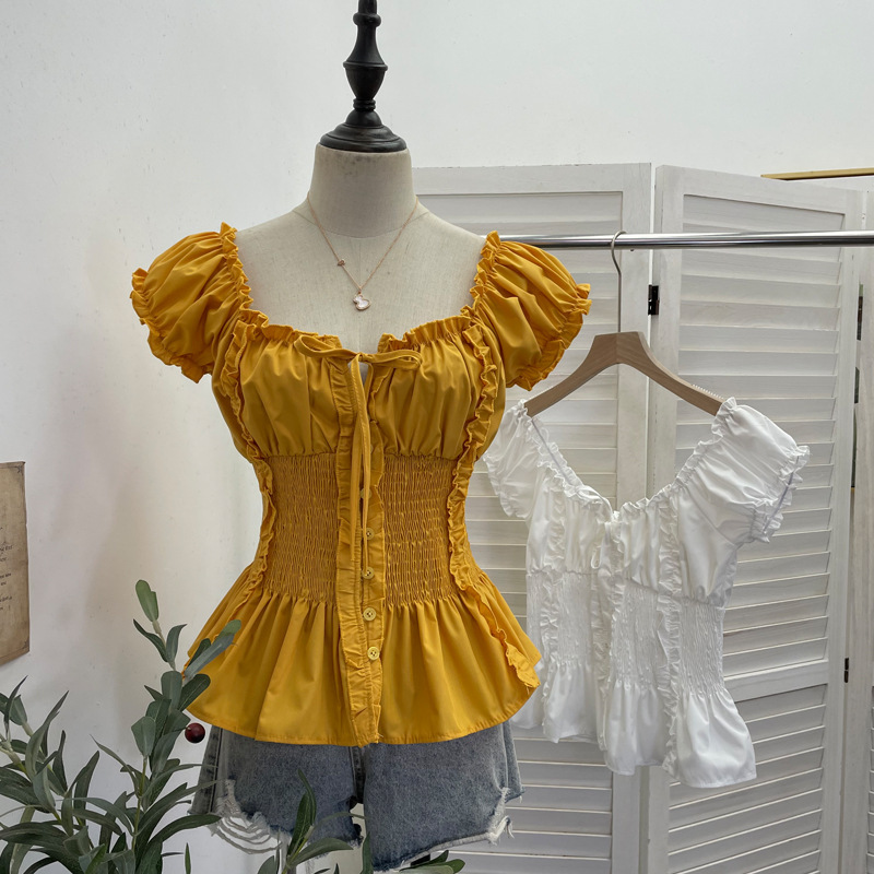 Real shot of square-neck, low-cut, lace-up, ruffled shirt with waist-cinching, pleated, elasticated, short-length, flutter-sleeve top 8891 Real shot of square-neck, low-cut, lace-up, ruffled shirt with waist-cinching, pleated, elasticated, short-length, flutter-sleeve top 8891