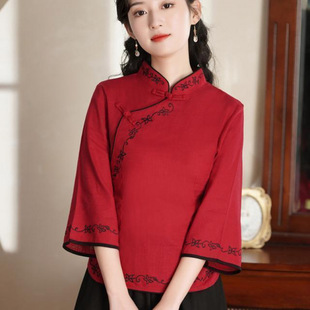New Chinese Style Plus Size Republic of China Style Retro Style Embroidered Cheongsam Tang Suit Retro Tea Art Suit Chinese Style Top Women's Cotton and Linen