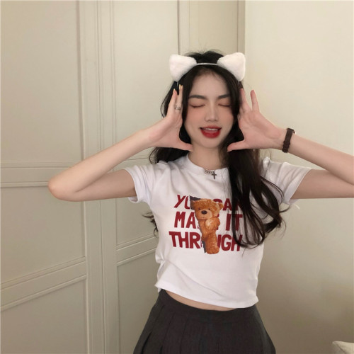  summer new style Korean letter bear print short-sleeved T-shirt women's slim short top foreign trade women's clothing