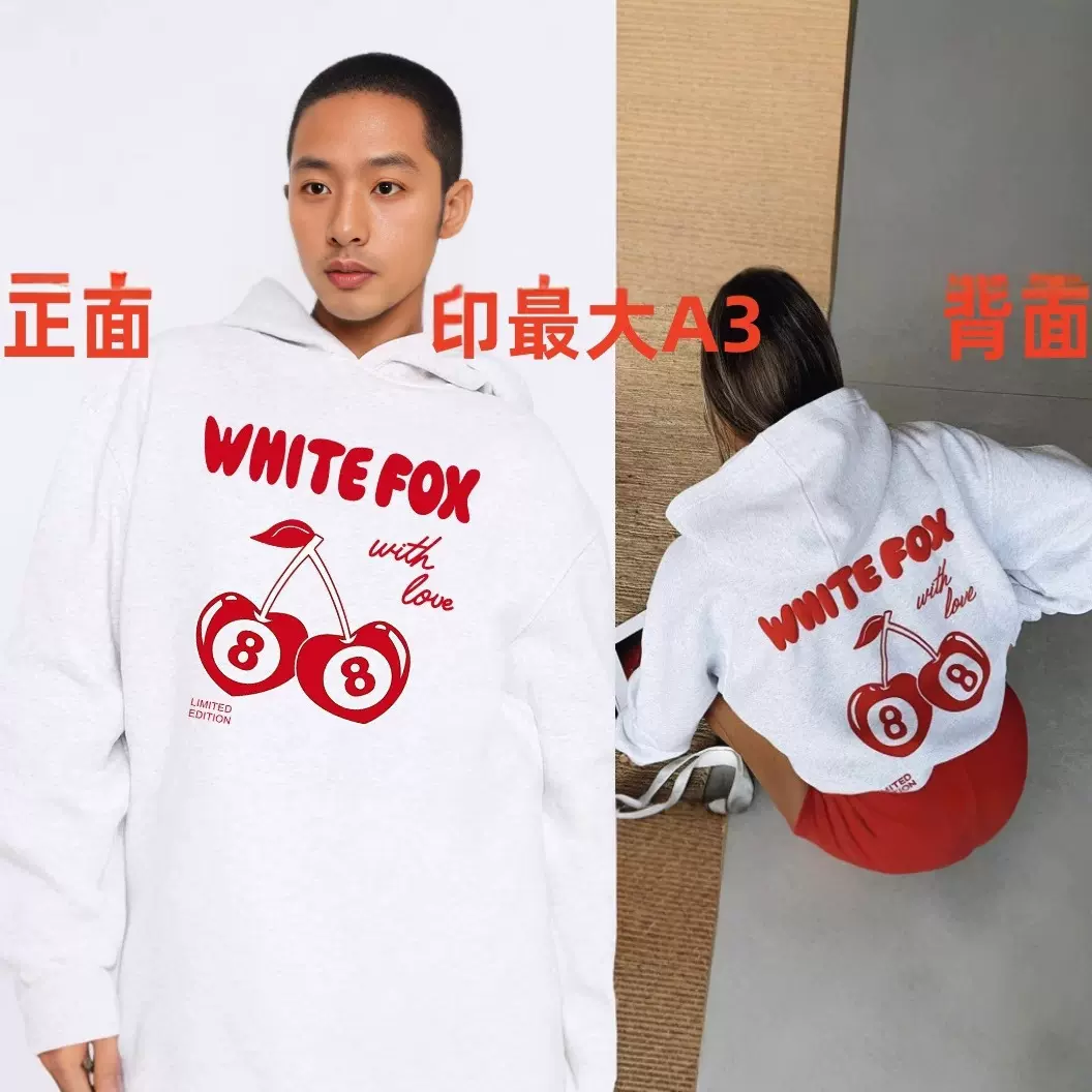 跨境欧美薄绒EZwear CHERRY WTITE FOX休闲樱桃字母印花连帽衫女