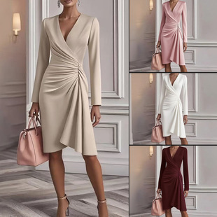2026 European and American New Style Sexy Slim-Fit Solid Color Bodycon Dress with Long Sleeves, V-Neck and Pleated Design for Women
