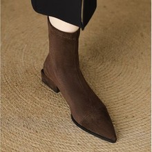牛皮版~瘦瘦靴女2025新款秋冬显瘦后拉链裸靴平底法式尖头短靴