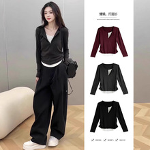 黑色假两件长袖T恤女2025春秋新款慵懒显瘦针织衫小个子上衣单穿