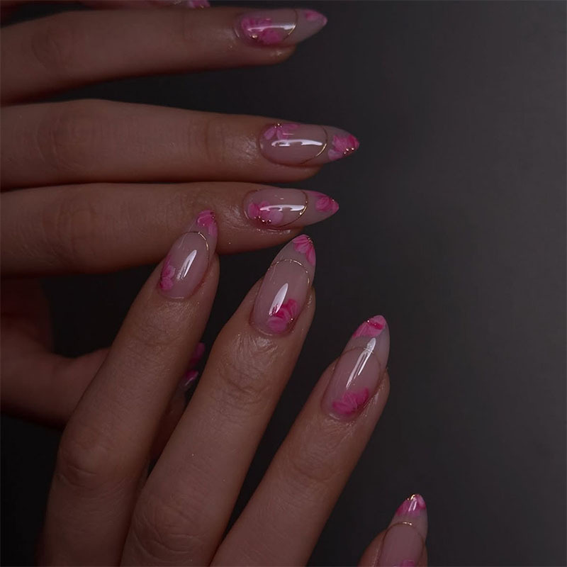 European and American Style Pink Flower Almond Nails with Gold French Lines Nail Stickers Cross-Border Fake Nails
