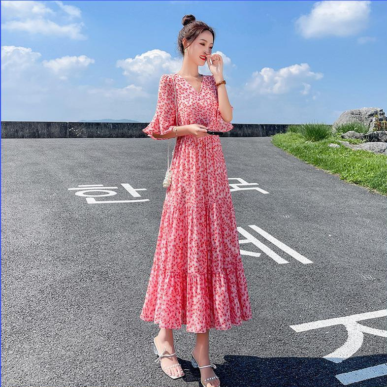 Red summer shiffon long dress
