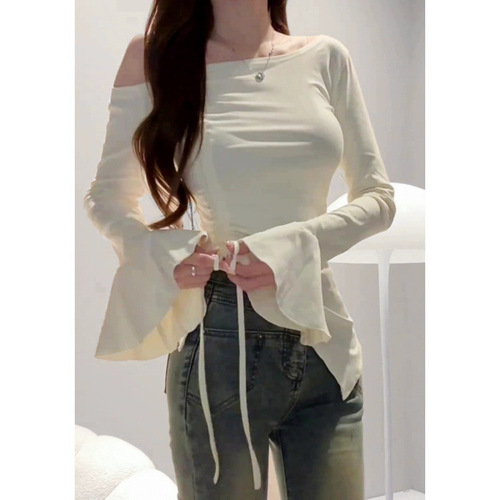 Summer bell-sleeve off-shoulder T-shirt for women: edgy, asymmetrical design that's slimming and figure-flattering—perfect as a chic base layer with a drawstring accent.
