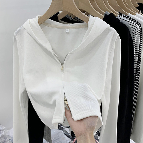 Designers' Double-Zip Grey Long-Sleeve Women's Sweatshirt Spring Autumn Hooded Sweatshirt Stylish and Slimming Short-Sleeve Top