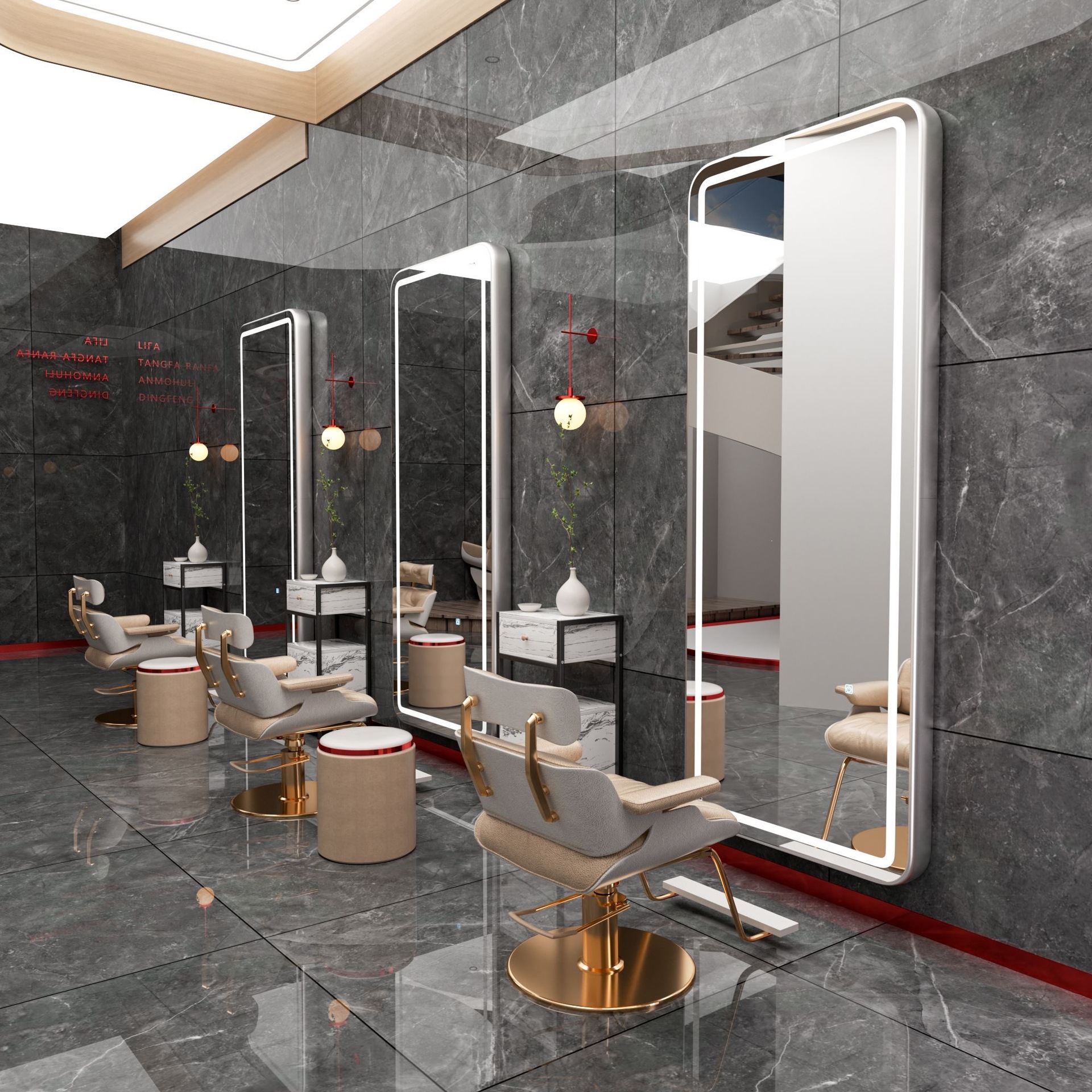 Barbería espejo salón especial barbería escaldar y teñir espejo con lámpara LED elíptica pared colgante suelo espejo de corte de pelo de lujo ligero