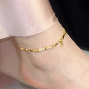 New Chinese Style Cat's Eye Stone Bamboo Leaf Anklet Niche Design High Rise Light Luxury Foot Chain Advanced Feeling Foot Bare Chain