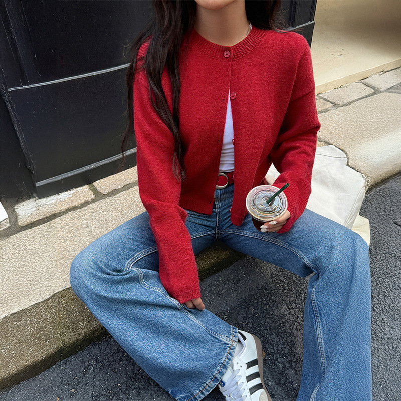 跨境 欧美Y2K辣妹纯色纽扣长袖衬衫毛织女装2025秋冬亚马逊独立站|undefined