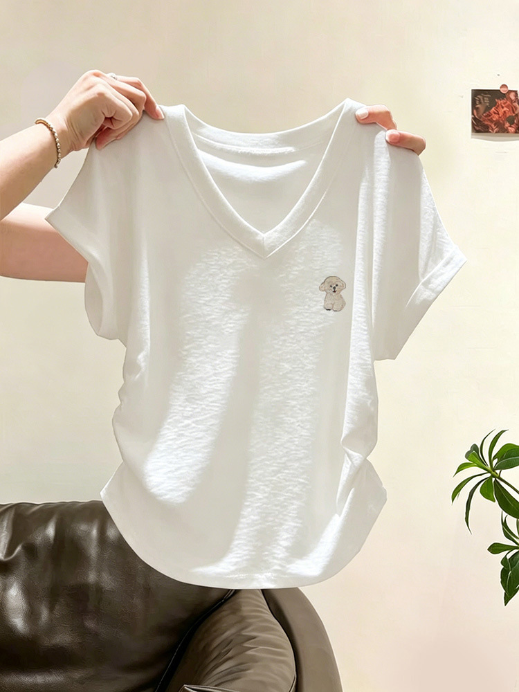 Women's Pure Cotton V-Neck Short-Sleeve T-Shirt with Small Flutter Sleeves, Slim Fit, Waist-Cinching, Flattering White Top, 2026 New Summer Model