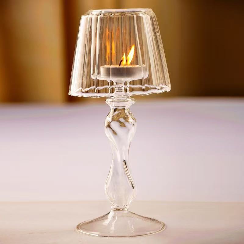Lámpara de escritorio de vidrio transparente europea modelado candelabro alto pie candelabro rayas decoración creativa de bodas
