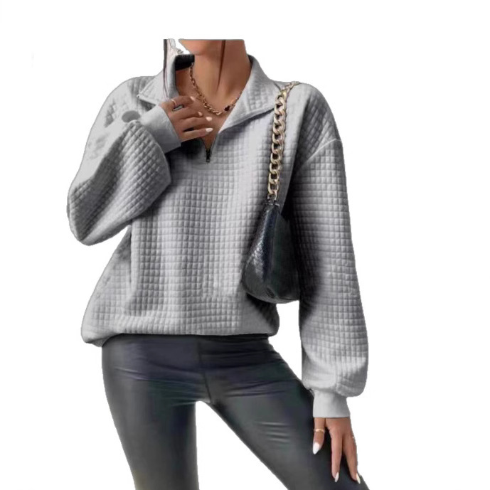 2024 European and American autumn explosion comfortable loose texture fabric solid color stand collar zipper long sleeve spell