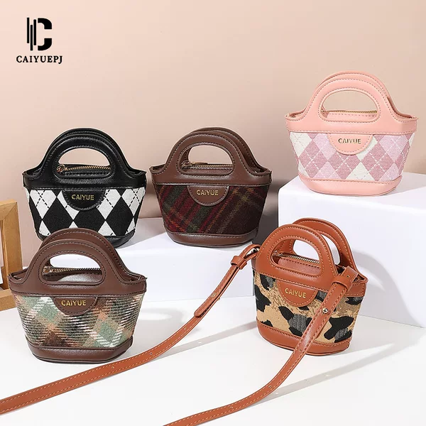 New Trendy Ins Influencer-Style Cross-Border Plaid Fabric Children's Mini Tote Vegetable Basket Crossbody Bag for Women