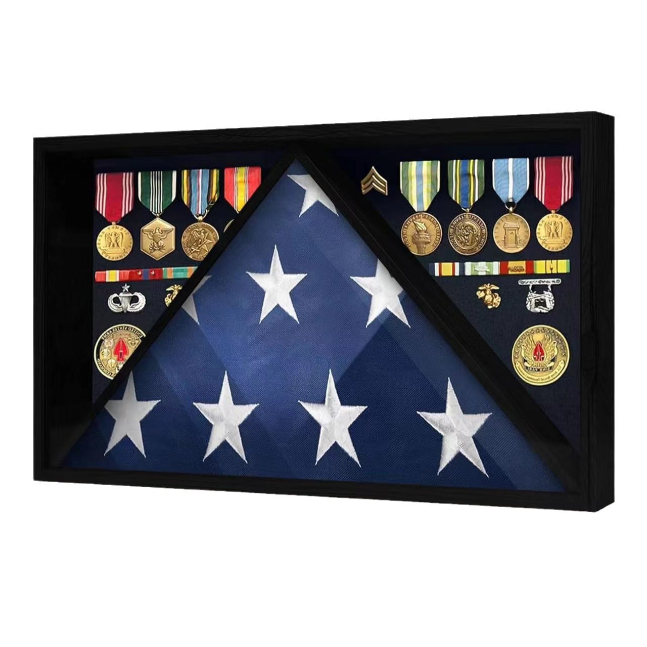 Estante de almacenamiento de la medalla de la bandera transfronteriza Adornos de madera Caja de sombra de la bandera de los veteranos Caja de exhibición de la cubierta protectora de la bandera