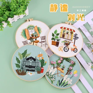 新品原创diy手工刺绣材料包 静谧时光家居生活绿植茶几 跨境英文