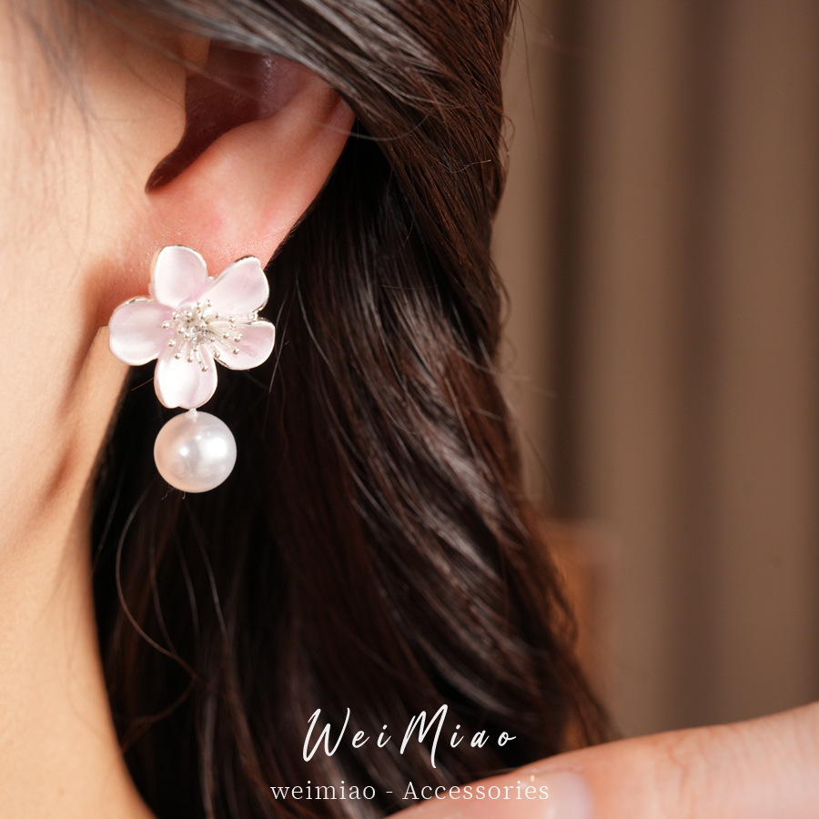 Aguja de plata zircon goteo flor perla pendientes pequeños frescos dulces accesorios de vacaciones pendientes lujosos de alta calidad pendientes