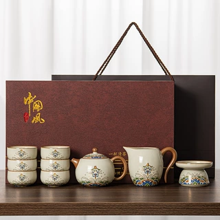 新中式黄汝窑江海无涯西施壶茶具套装陶瓷可养开片套装可代发