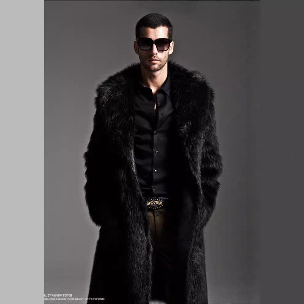 跨境 速卖通仿皮草男装外套长款长毛皮草风衣外套西服领大衣大码