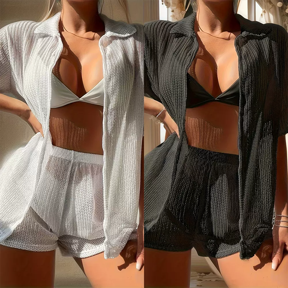 亚马逊新款泳衣女性感比基尼时尚女士短裤套装沙滩罩衫休闲运动款